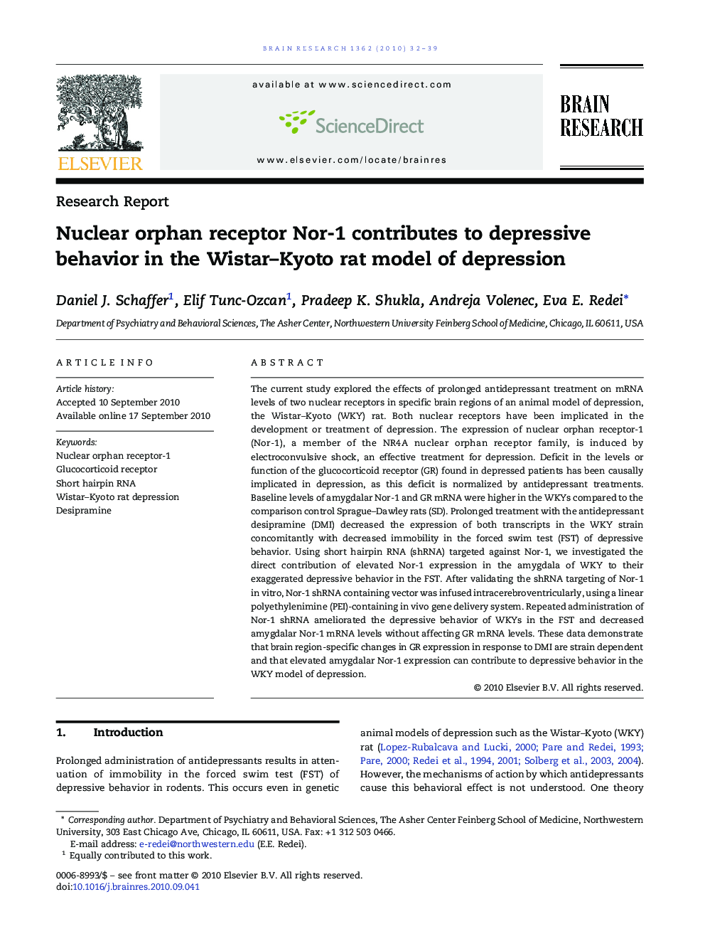 Nuclear orphan receptor Nor-1 contributes to depressive behavior in the Wistar–Kyoto rat model of depression