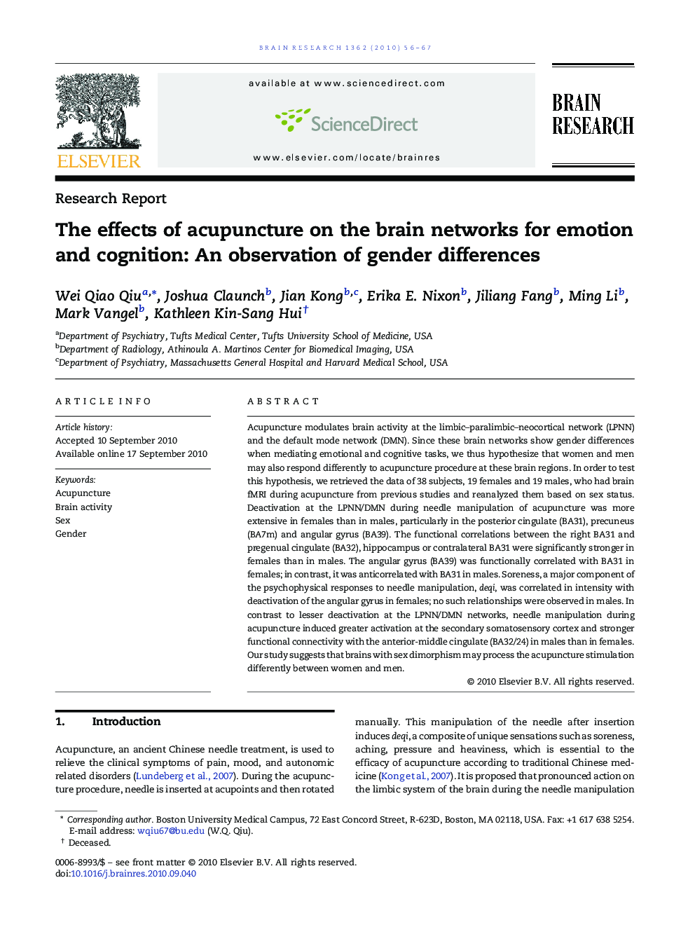 The effects of acupuncture on the brain networks for emotion and cognition: An observation of gender differences