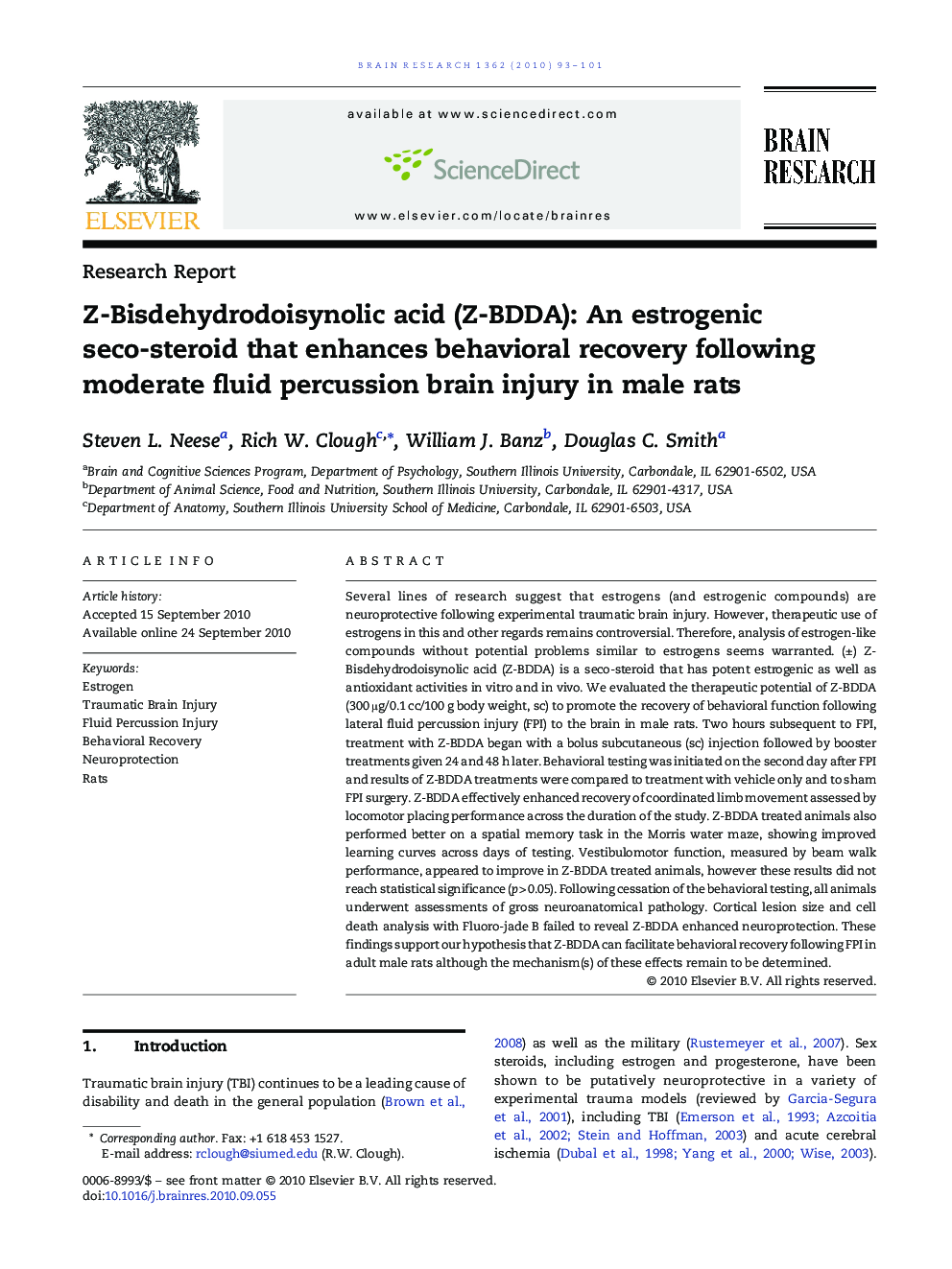 Z-Bisdehydrodoisynolic acid (Z-BDDA): An estrogenic seco-steroid that enhances behavioral recovery following moderate fluid percussion brain injury in male rats