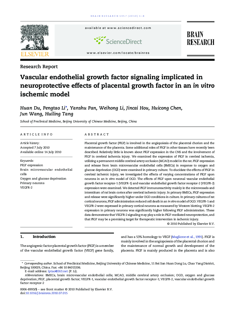 Vascular endothelial growth factor signaling implicated in neuroprotective effects of placental growth factor in an in vitro ischemic model