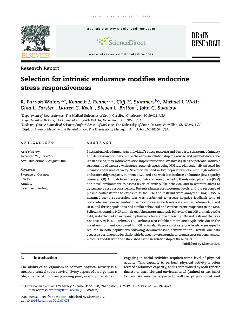 Selection for intrinsic endurance modifies endocrine stress responsiveness