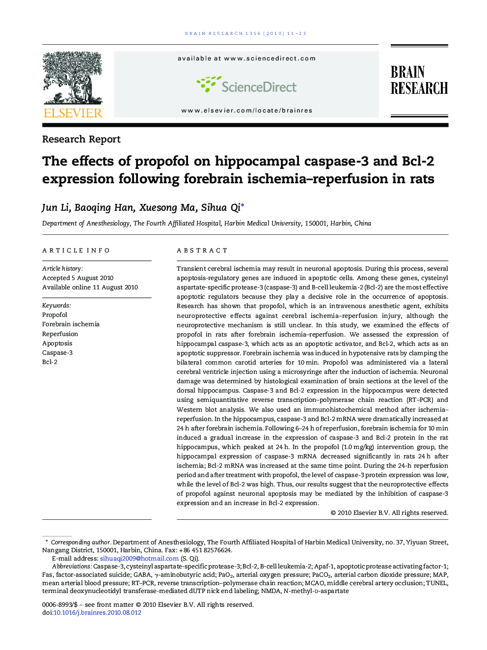 The effects of propofol on hippocampal caspase-3 and Bcl-2 expression following forebrain ischemia-reperfusion in rats