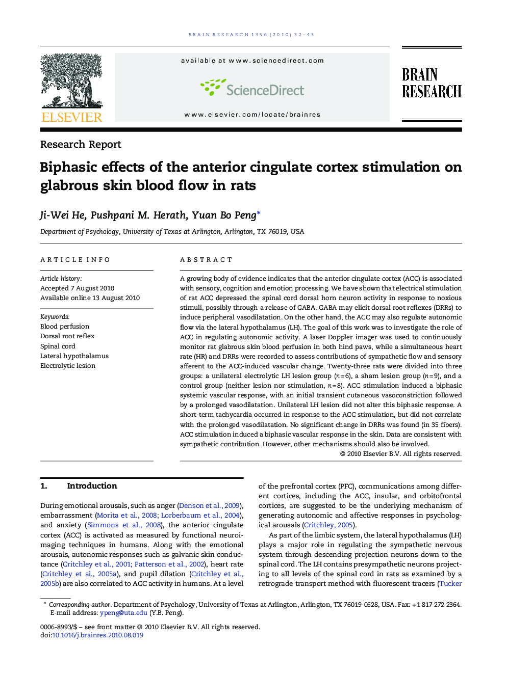 Biphasic effects of the anterior cingulate cortex stimulation on glabrous skin blood flow in rats