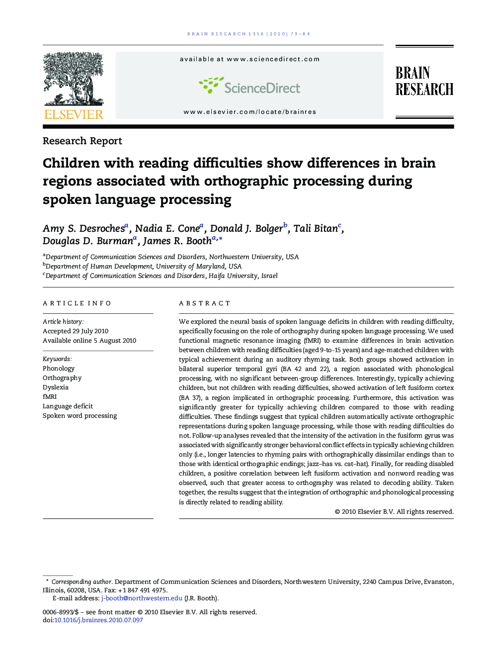 Children with reading difficulties show differences in brain regions associated with orthographic processing during spoken language processing