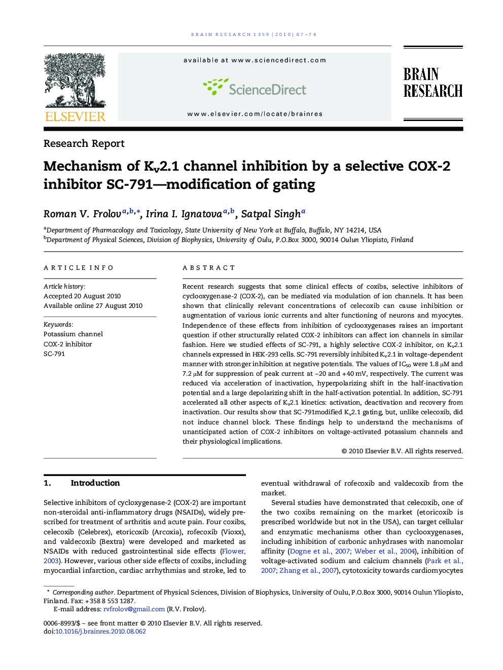 Mechanism of Kv2.1 channel inhibition by a selective COX-2 inhibitor SC-791—modification of gating