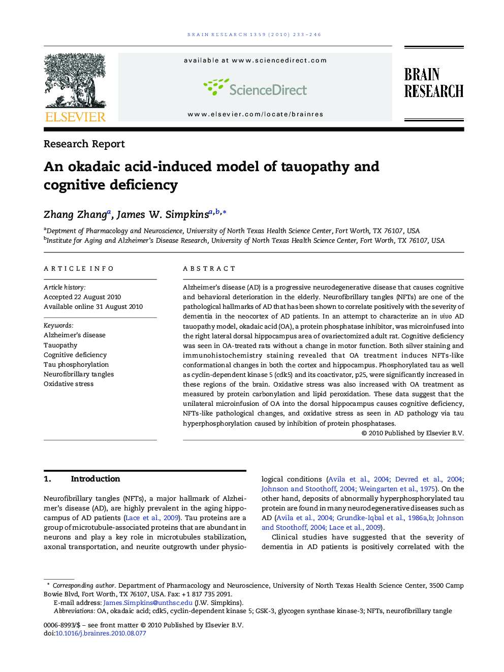 An okadaic acid-induced model of tauopathy and cognitive deficiency