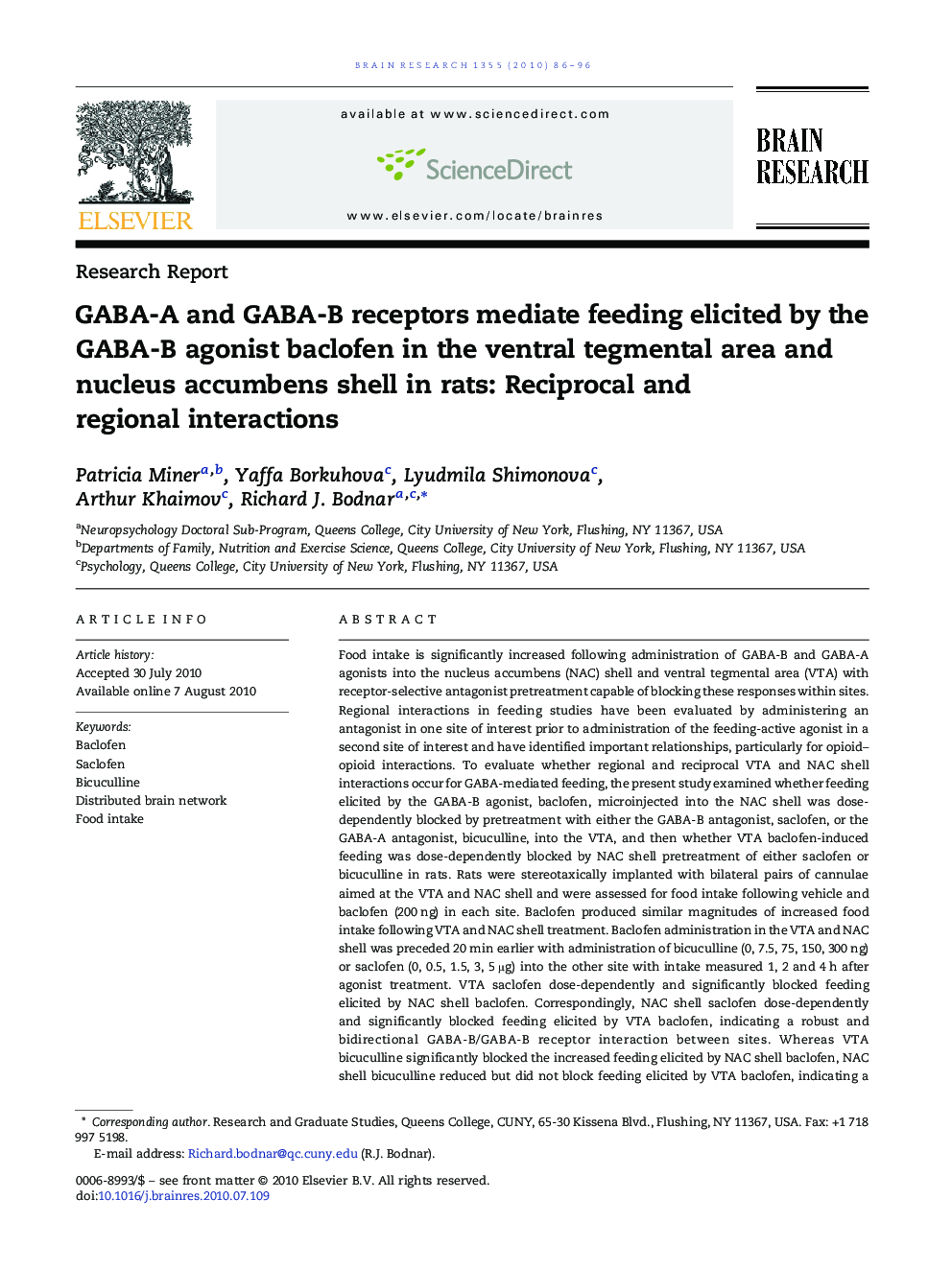 GABA-A and GABA-B receptors mediate feeding elicited by the GABA-B agonist baclofen in the ventral tegmental area and nucleus accumbens shell in rats: Reciprocal and regional interactions