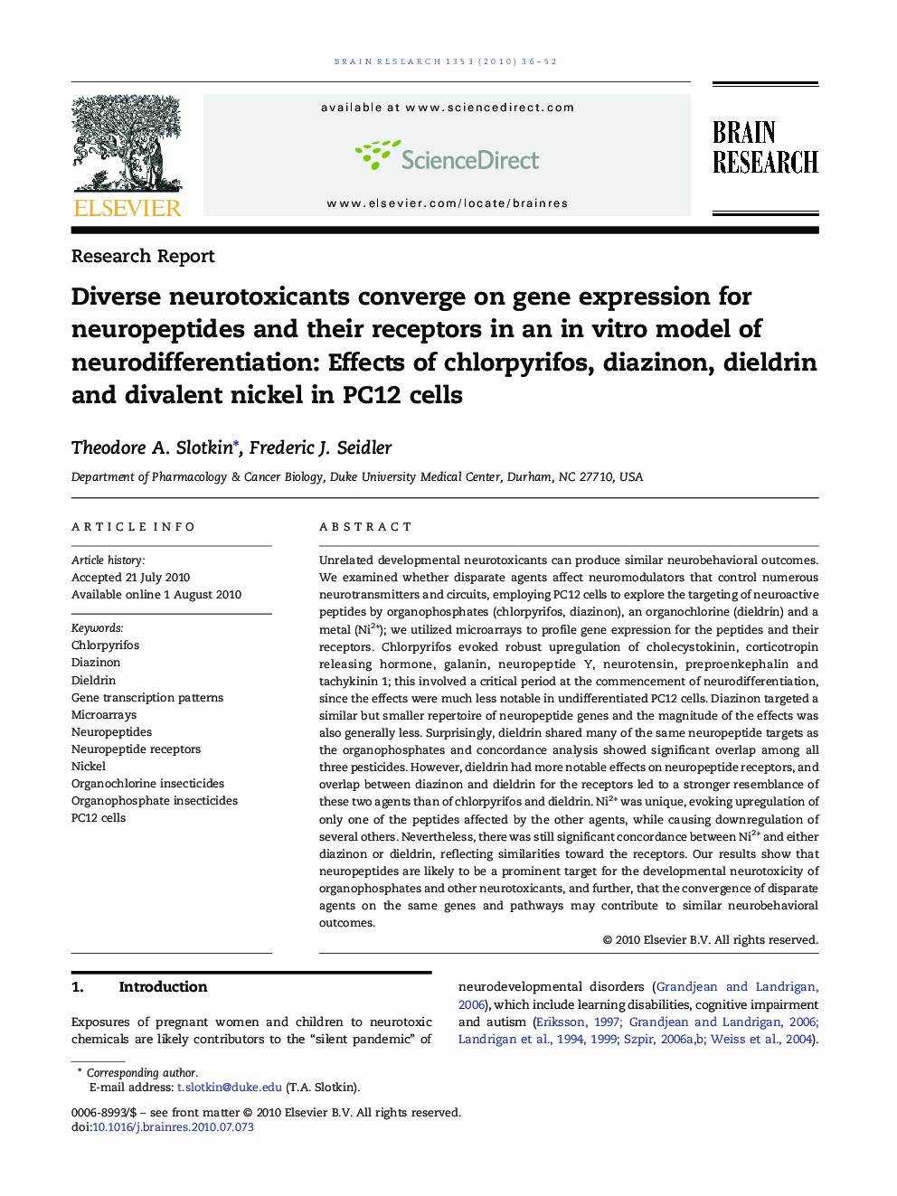 Diverse neurotoxicants converge on gene expression for neuropeptides and their receptors in an in vitro model of neurodifferentiation: Effects of chlorpyrifos, diazinon, dieldrin and divalent nickel in PC12 cells