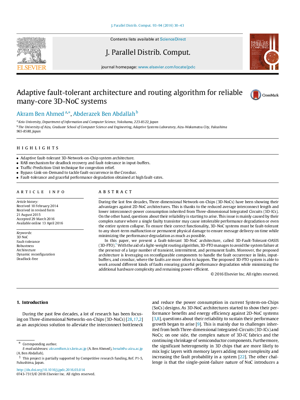 Adaptive fault-tolerant architecture and routing algorithm for reliable many-core 3D-NoC systems