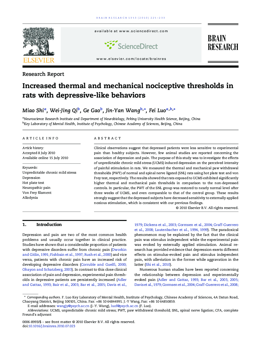 Increased thermal and mechanical nociceptive thresholds in rats with depressive-like behaviors