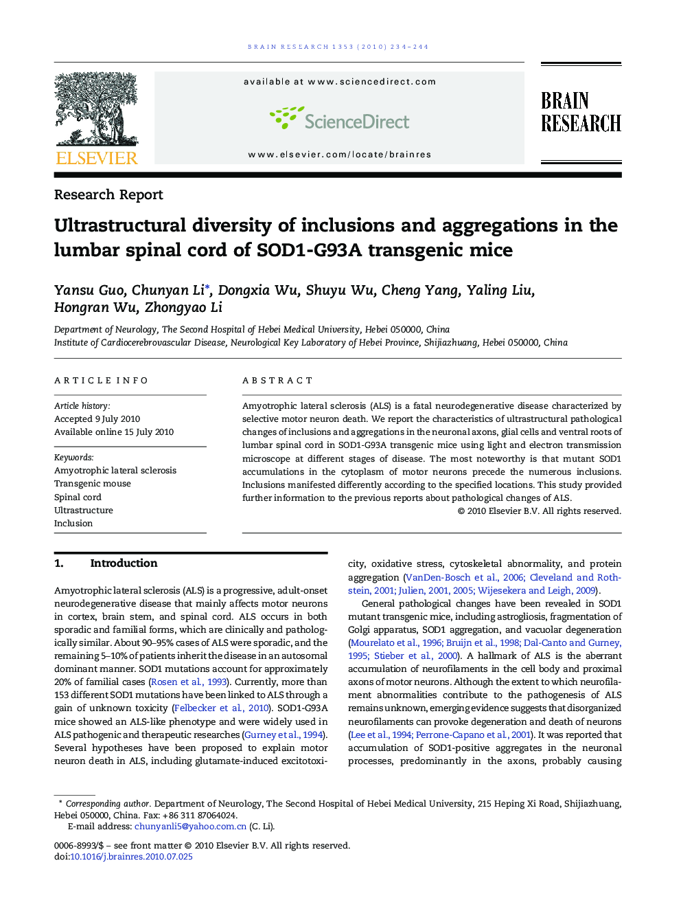 Ultrastructural diversity of inclusions and aggregations in the lumbar spinal cord of SOD1-G93A transgenic mice