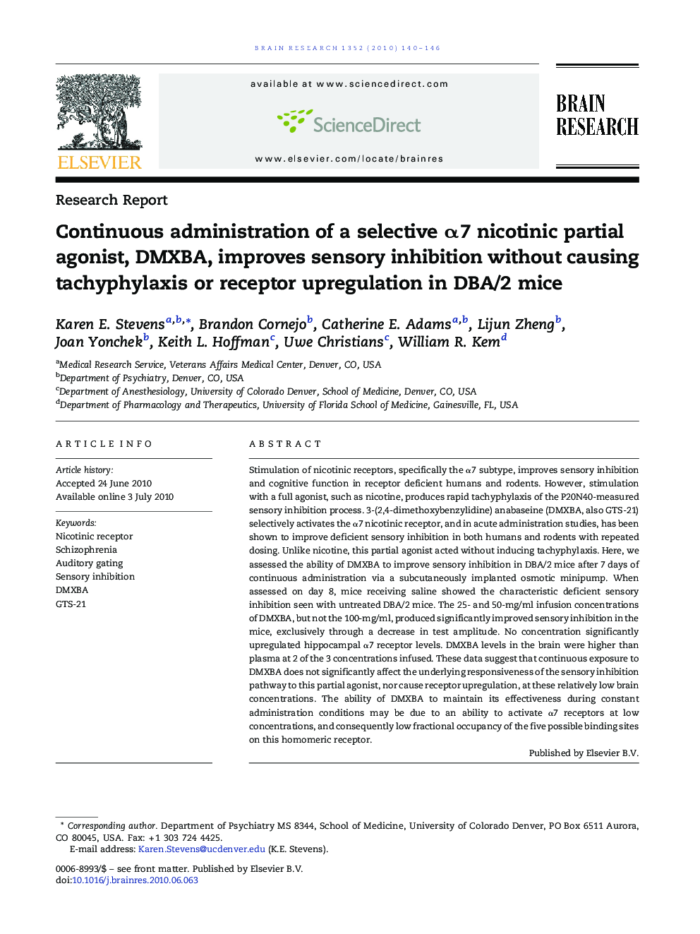 Continuous administration of a selective α7 nicotinic partial agonist, DMXBA, improves sensory inhibition without causing tachyphylaxis or receptor upregulation in DBA/2 mice