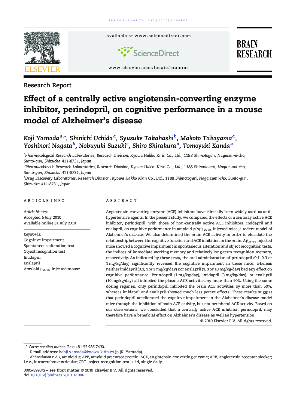 Effect of a centrally active angiotensin-converting enzyme inhibitor, perindopril, on cognitive performance in a mouse model of Alzheimer's disease