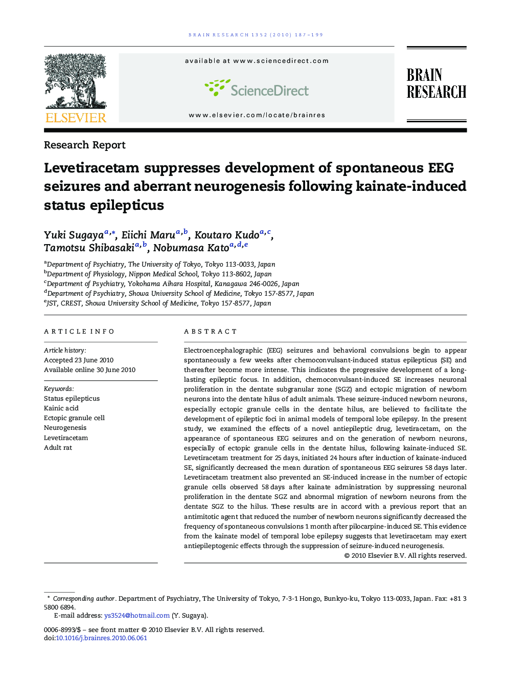 Levetiracetam suppresses development of spontaneous EEG seizures and aberrant neurogenesis following kainate-induced status epilepticus