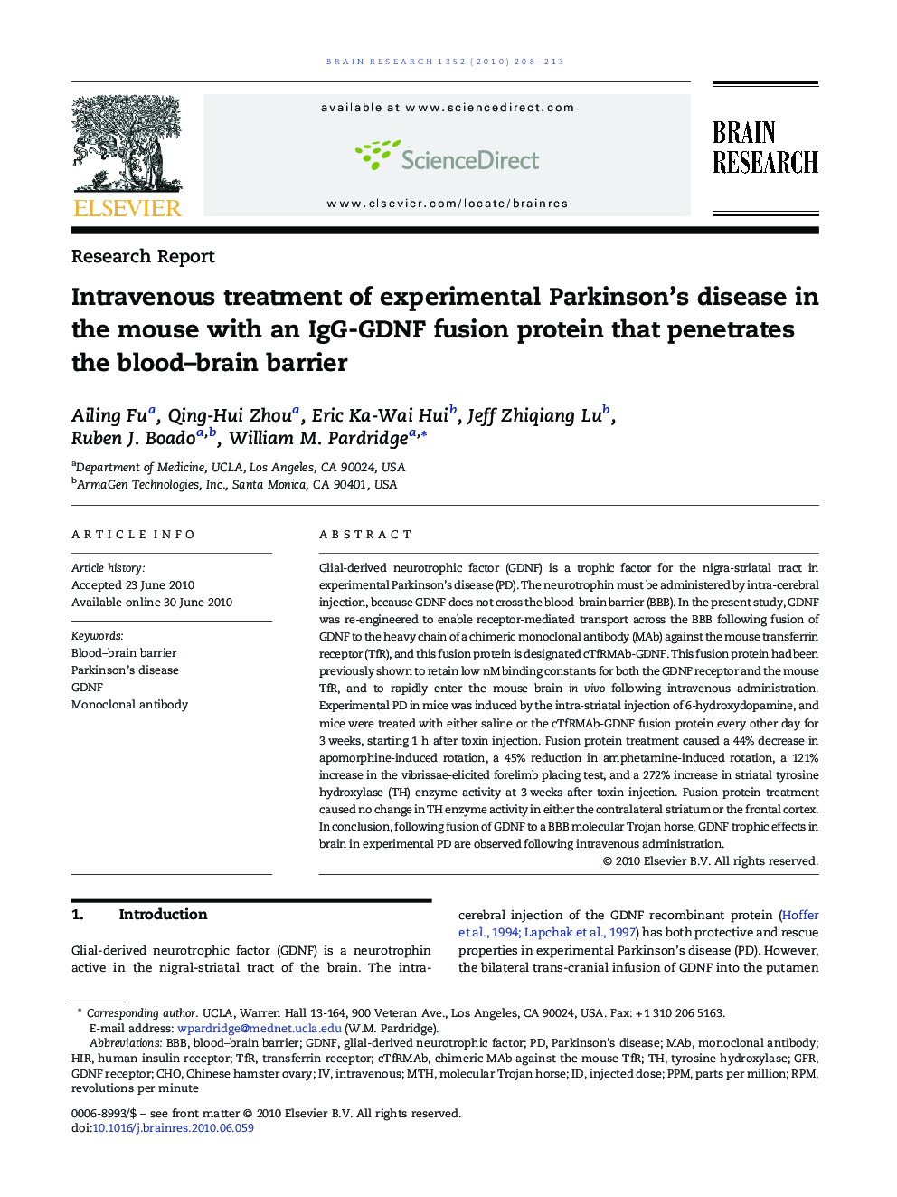 Intravenous treatment of experimental Parkinson's disease in the mouse with an IgG-GDNF fusion protein that penetrates the blood–brain barrier