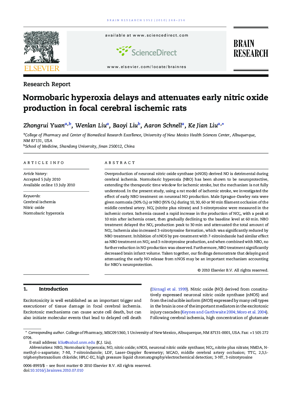 Normobaric hyperoxia delays and attenuates early nitric oxide production in focal cerebral ischemic rats