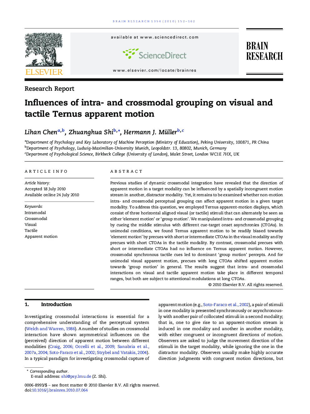 Influences of intra- and crossmodal grouping on visual and tactile Ternus apparent motion