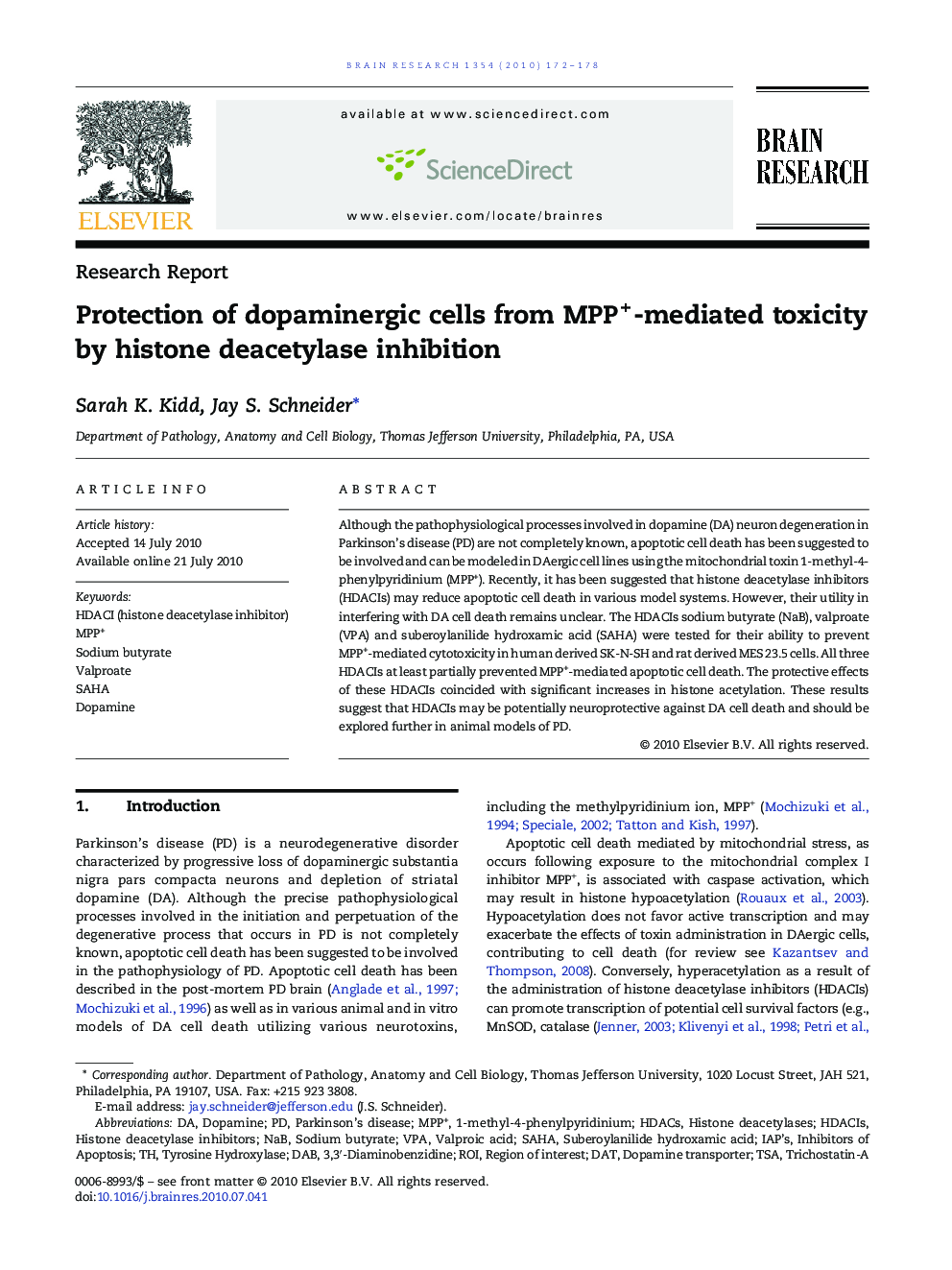 Protection of dopaminergic cells from MPP+-mediated toxicity by histone deacetylase inhibition