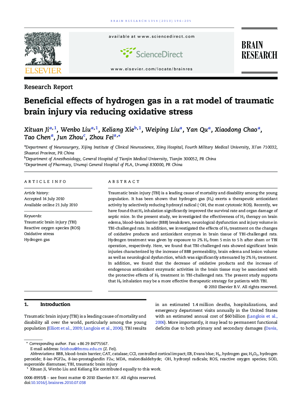 Beneficial effects of hydrogen gas in a rat model of traumatic brain injury via reducing oxidative stress