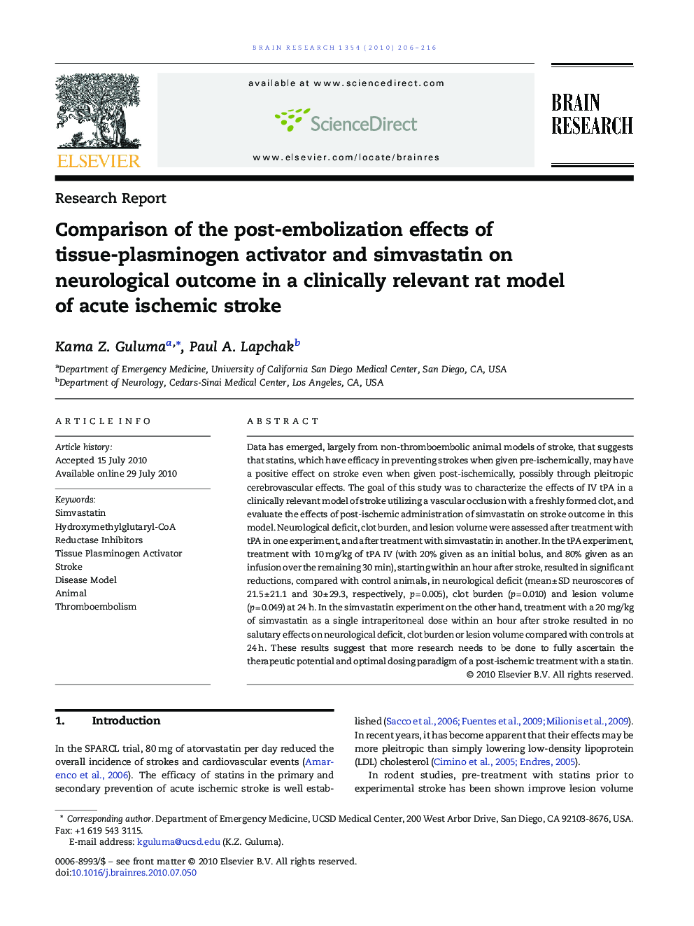 Comparison of the post-embolization effects of tissue-plasminogen activator and simvastatin on neurological outcome in a clinically relevant rat model of acute ischemic stroke