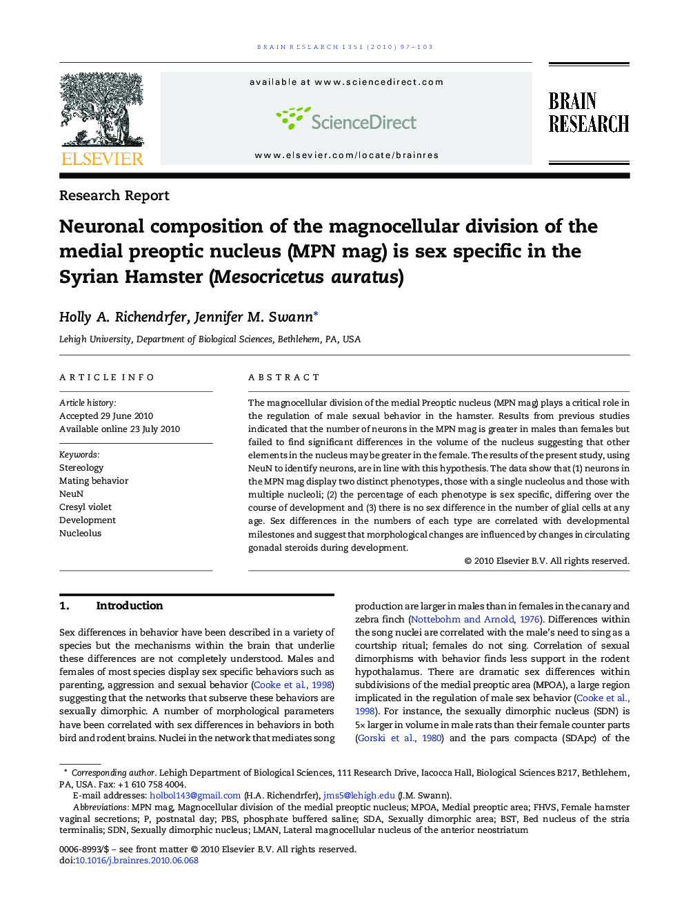 Neuronal composition of the magnocellular division of the medial preoptic nucleus (MPN mag) is sex specific in the Syrian Hamster (Mesocricetus auratus)