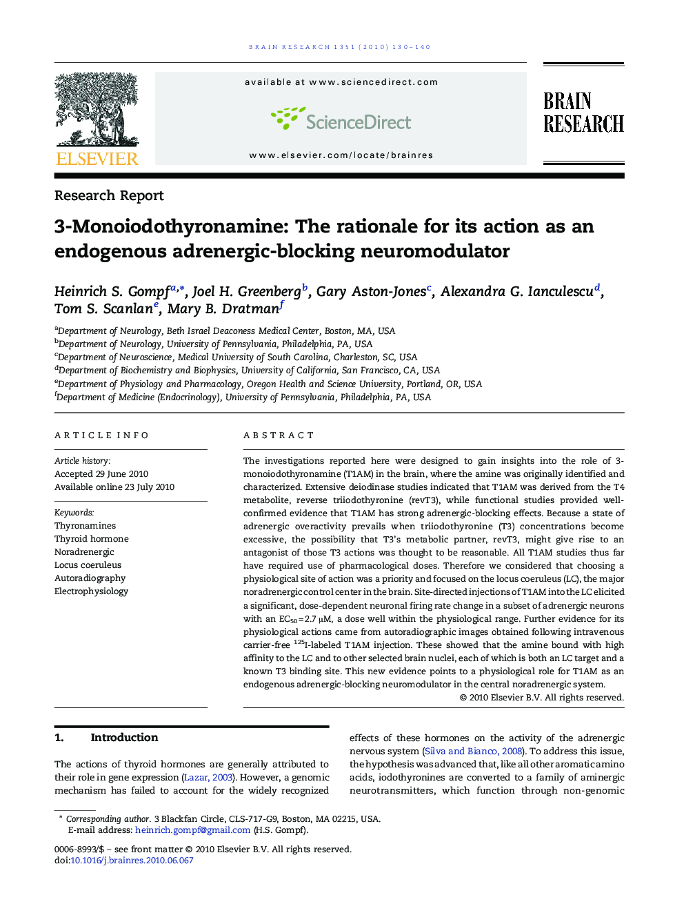 3-Monoiodothyronamine: The rationale for its action as an endogenous adrenergic-blocking neuromodulator