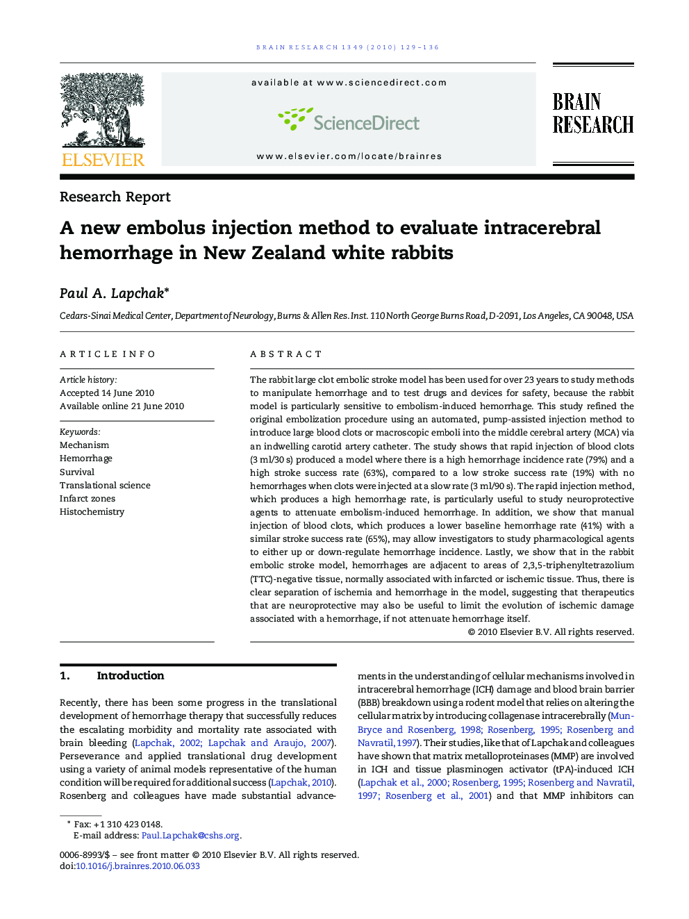 A new embolus injection method to evaluate intracerebral hemorrhage in New Zealand white rabbits