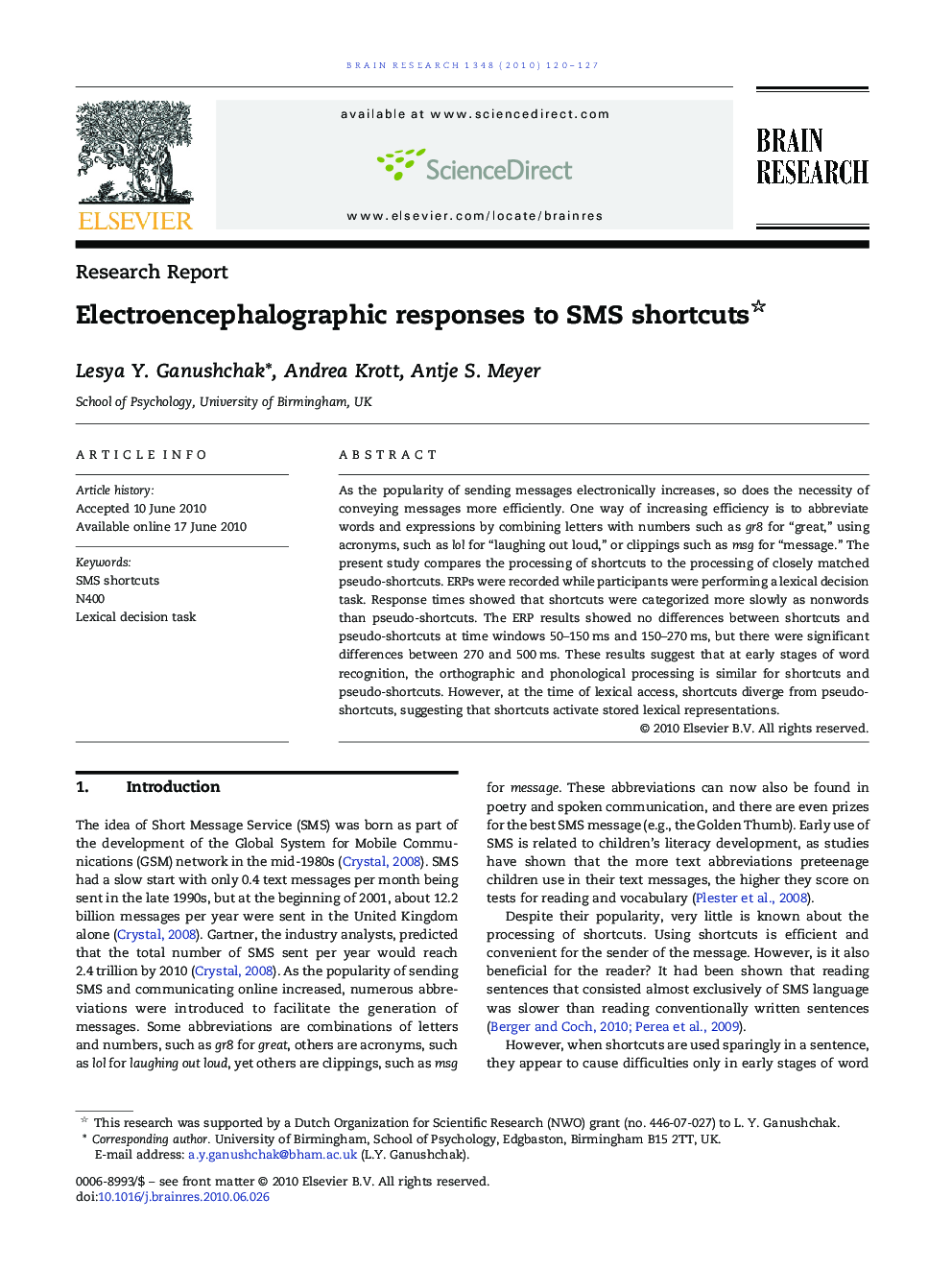 Electroencephalographic responses to SMS shortcuts 