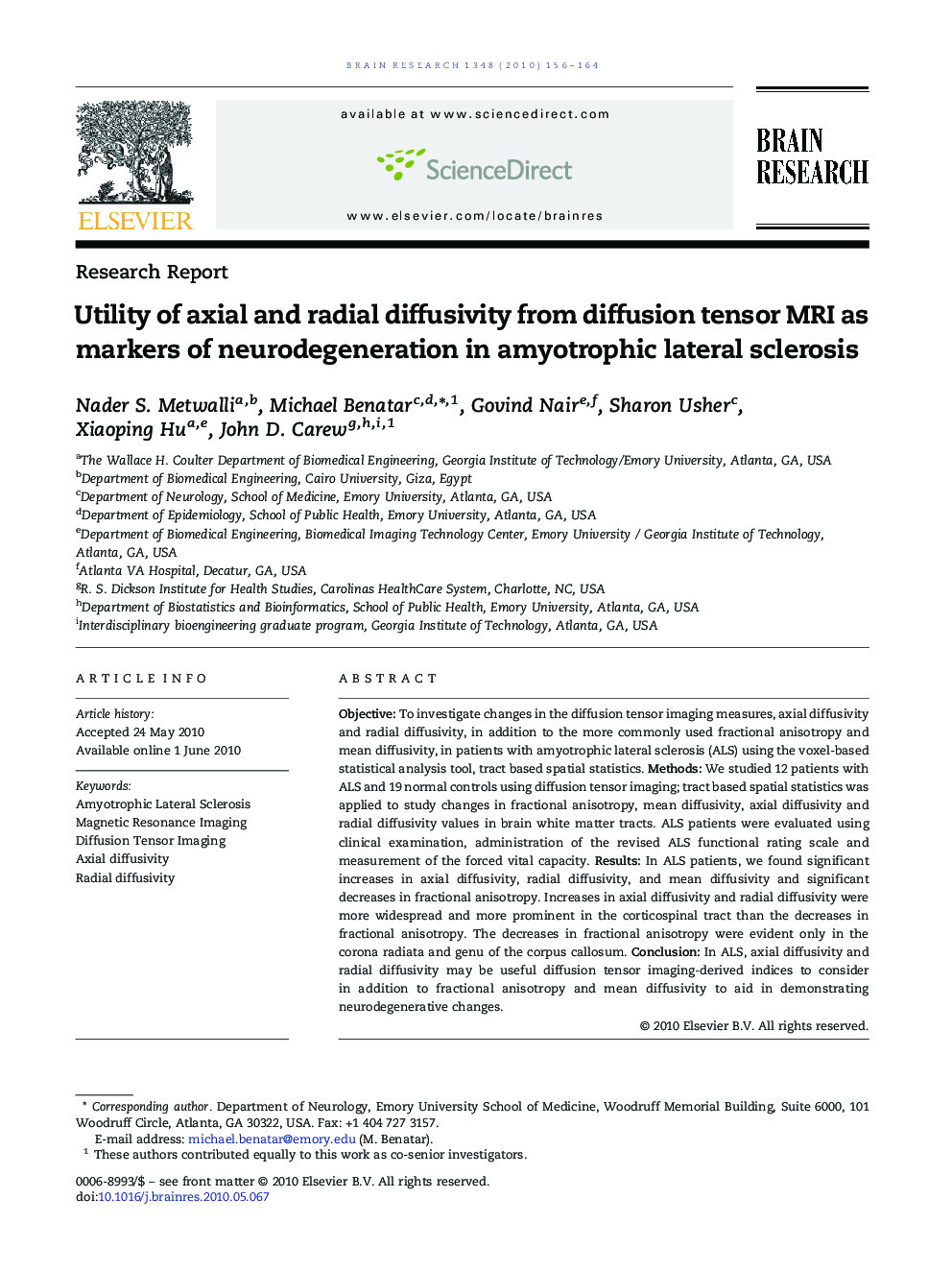 Utility of axial and radial diffusivity from diffusion tensor MRI as markers of neurodegeneration in amyotrophic lateral sclerosis