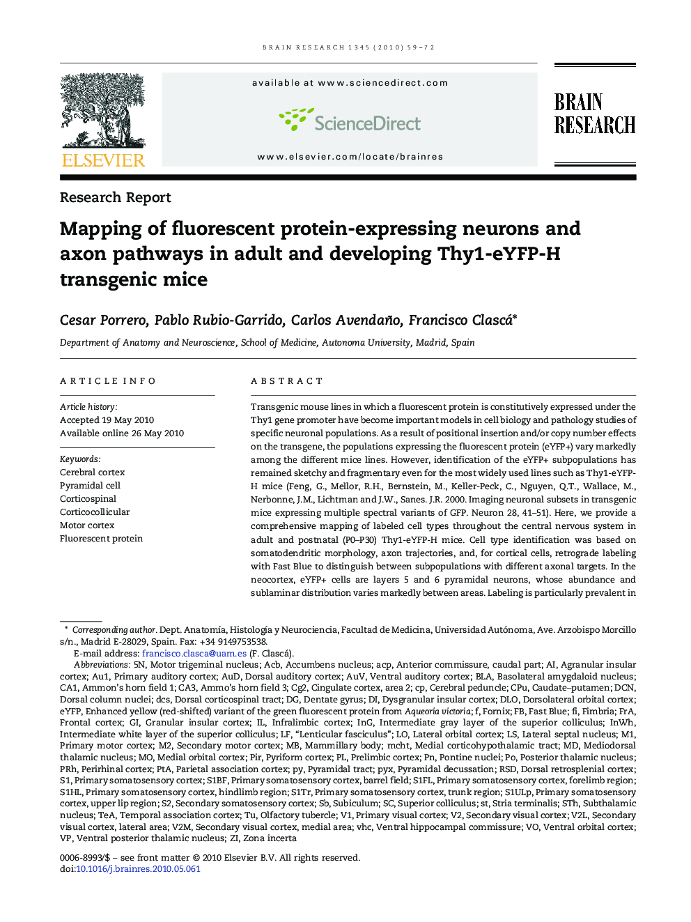 Mapping of fluorescent protein-expressing neurons and axon pathways in adult and developing Thy1-eYFP-H transgenic mice