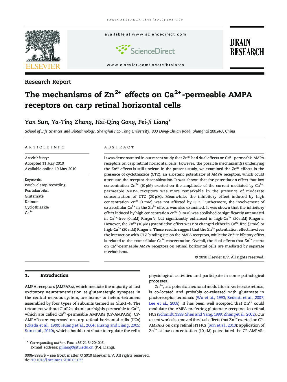 The mechanisms of Zn2+ effects on Ca2+-permeable AMPA receptors on carp retinal horizontal cells