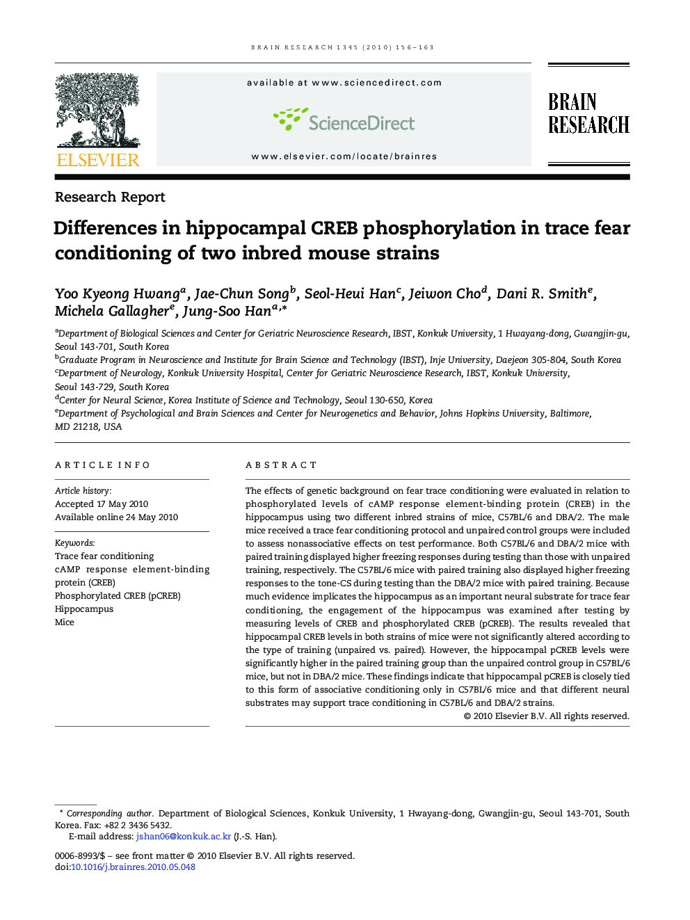 Differences in hippocampal CREB phosphorylation in trace fear conditioning of two inbred mouse strains