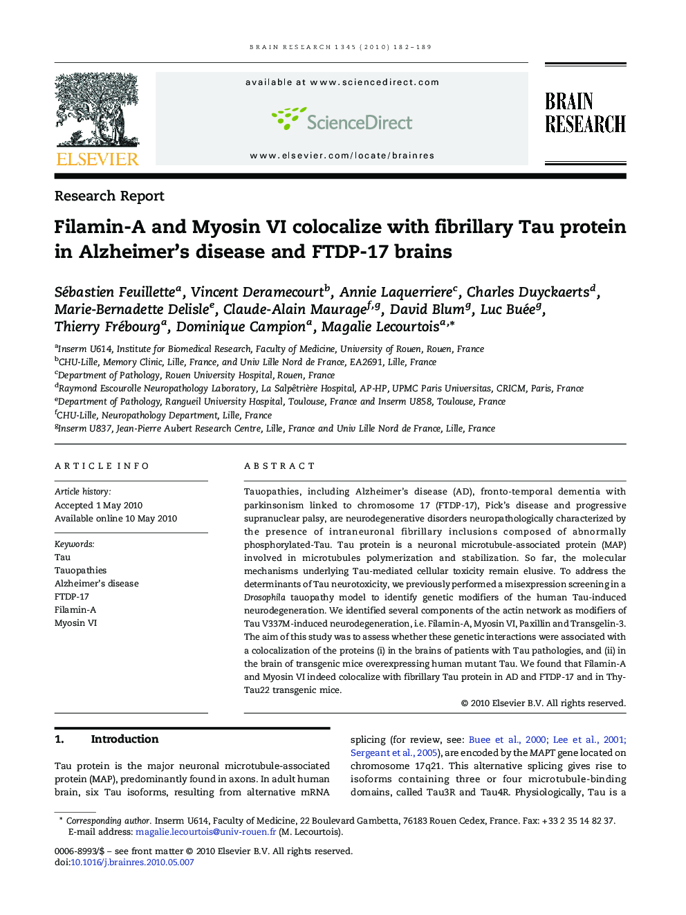 Filamin-A and Myosin VI colocalize with fibrillary Tau protein in Alzheimer's disease and FTDP-17 brains
