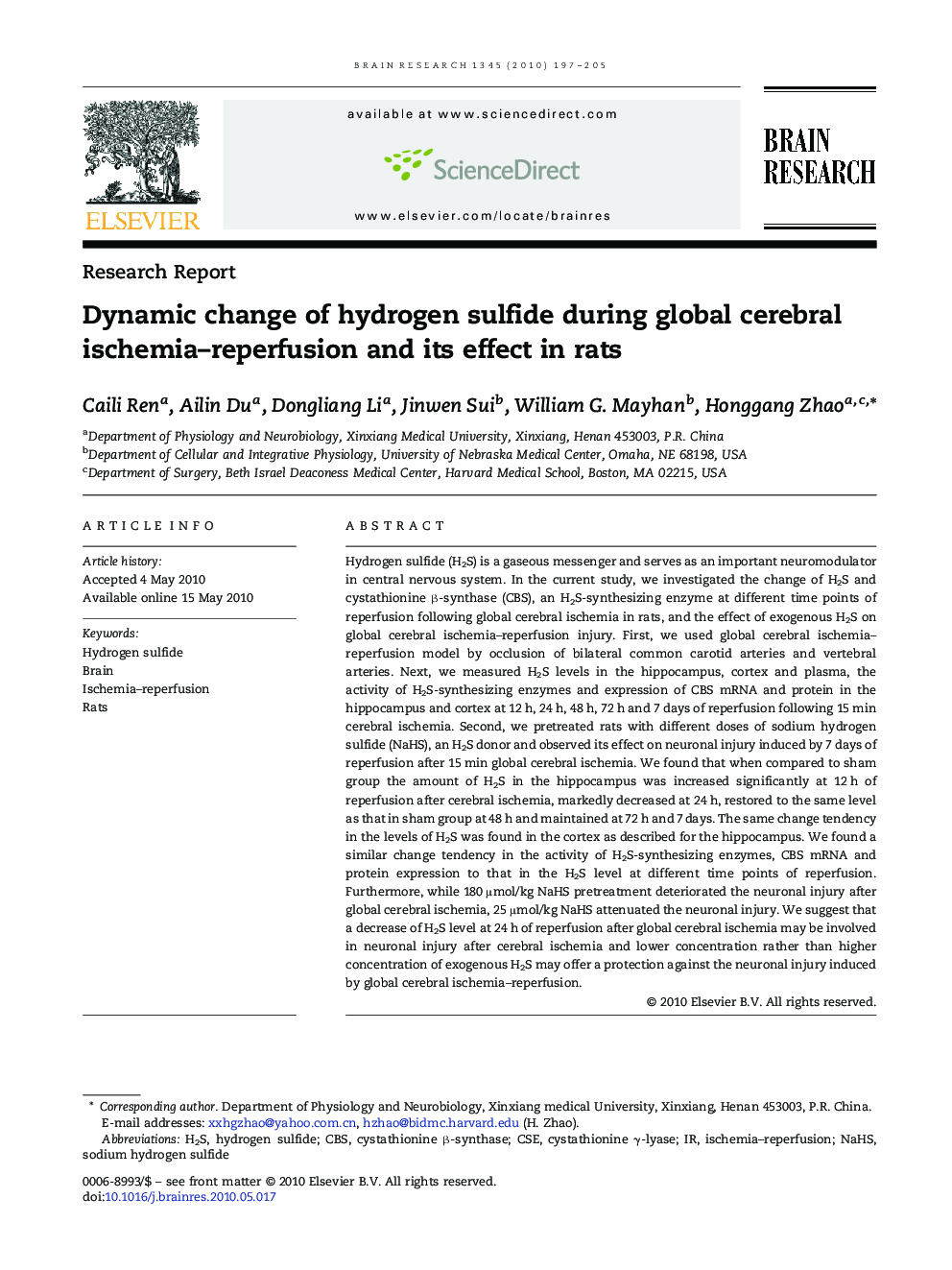 Dynamic change of hydrogen sulfide during global cerebral ischemia–reperfusion and its effect in rats