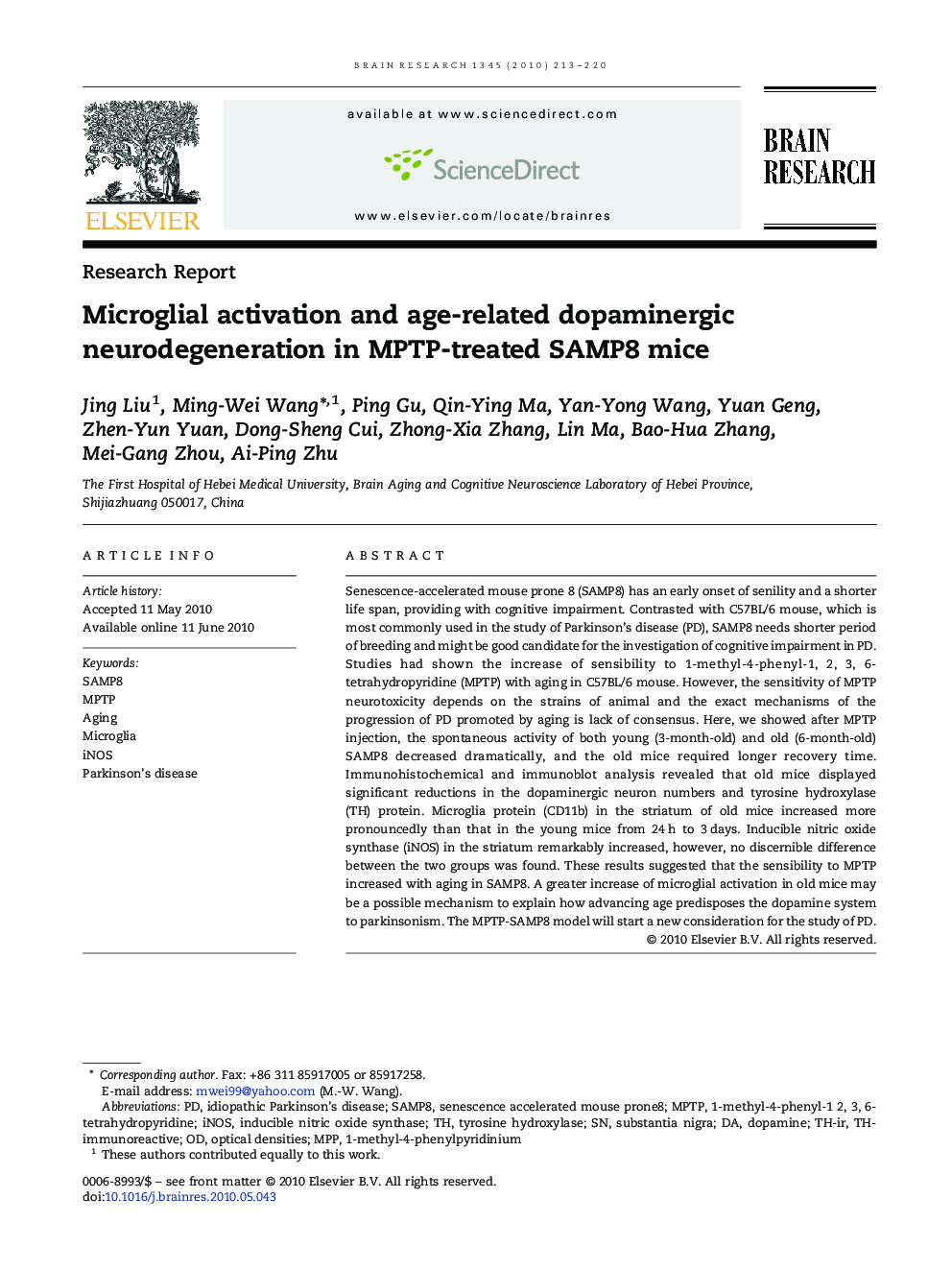 Microglial activation and age-related dopaminergic neurodegeneration in MPTP-treated SAMP8 mice