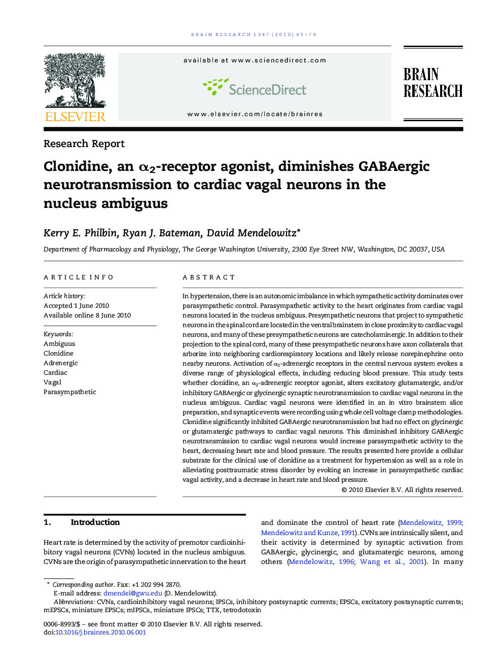 Clonidine, an α2-receptor agonist, diminishes GABAergic neurotransmission to cardiac vagal neurons in the nucleus ambiguus