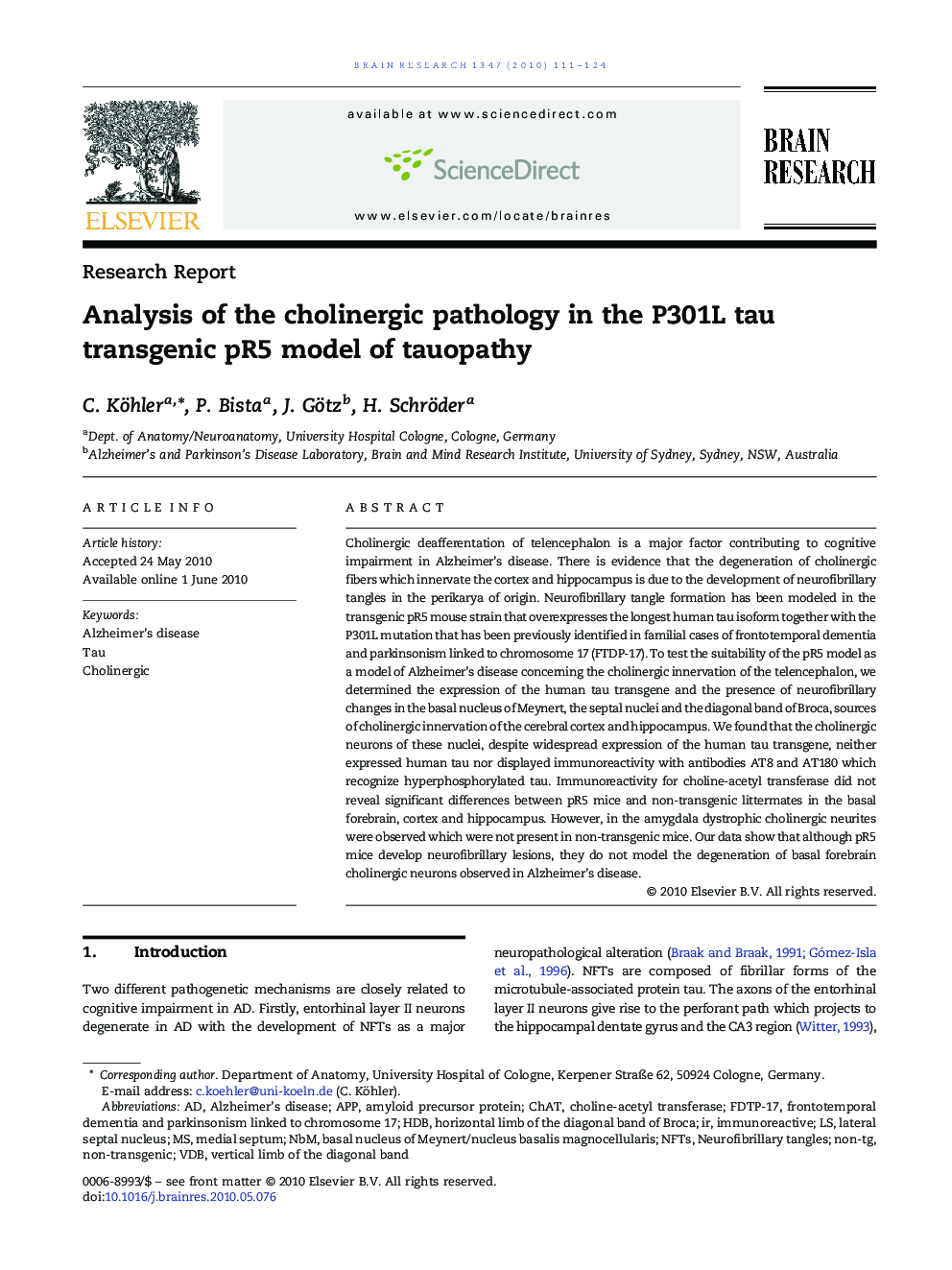 Analysis of the cholinergic pathology in the P301L tau transgenic pR5 model of tauopathy
