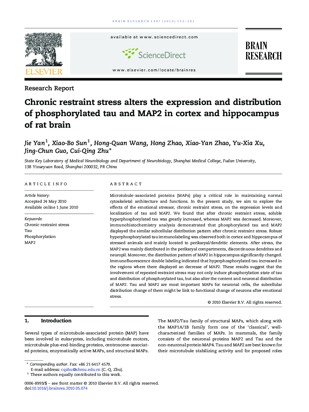 Chronic restraint stress alters the expression and distribution of phosphorylated tau and MAP2 in cortex and hippocampus of rat brain