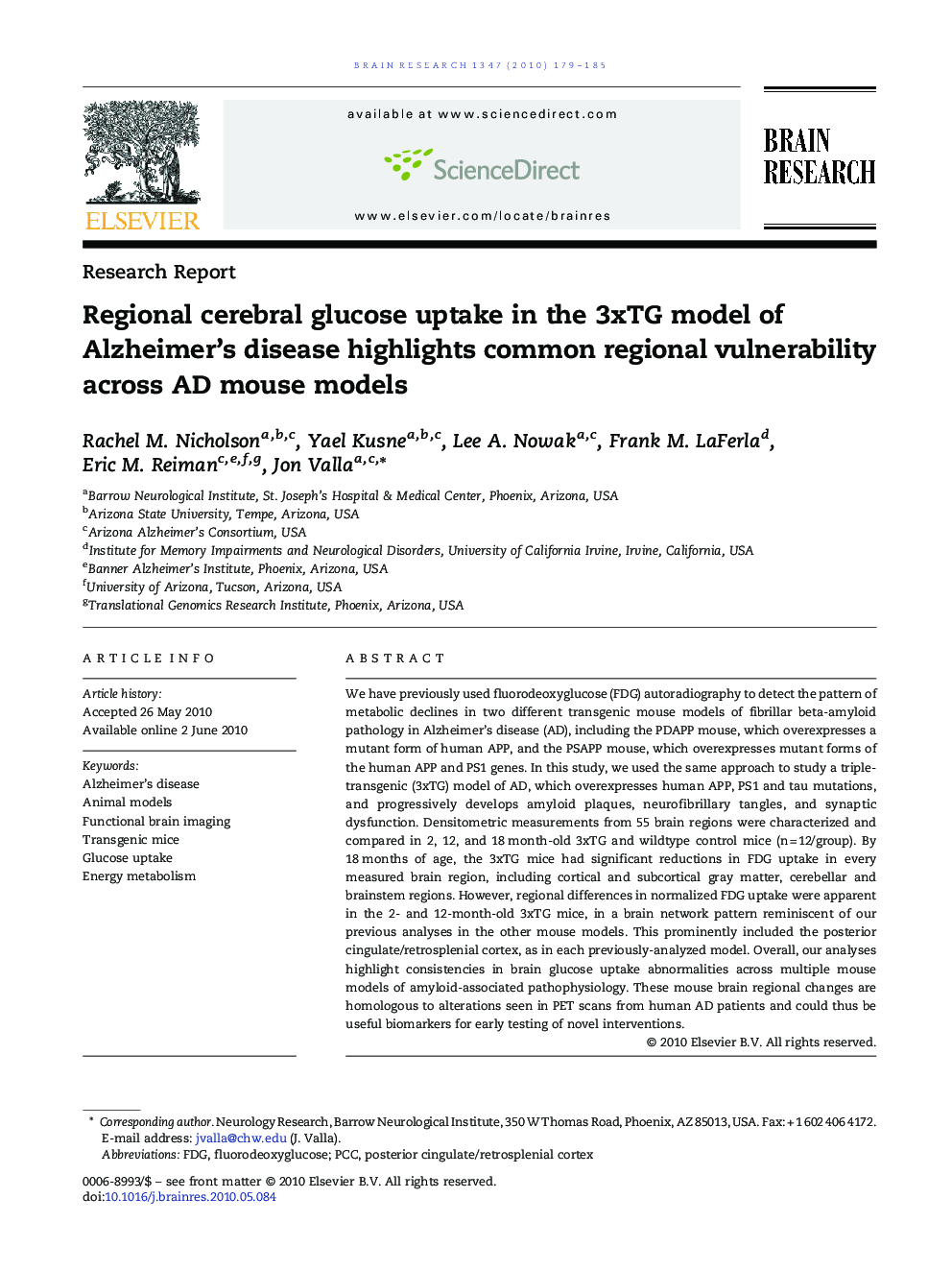 Regional cerebral glucose uptake in the 3xTG model of Alzheimer's disease highlights common regional vulnerability across AD mouse models