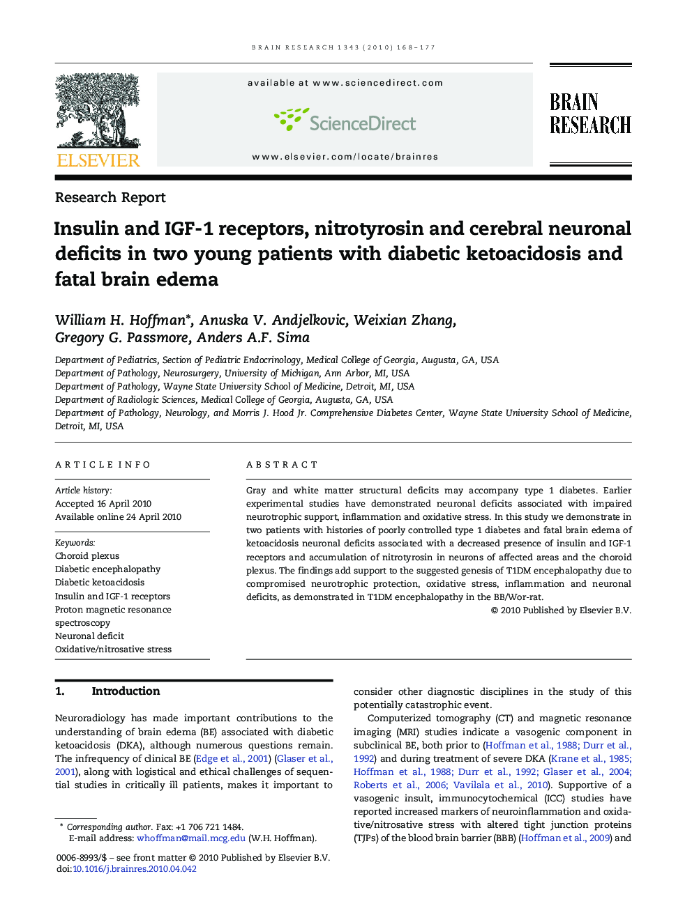 Insulin and IGF-1 receptors, nitrotyrosin and cerebral neuronal deficits in two young patients with diabetic ketoacidosis and fatal brain edema