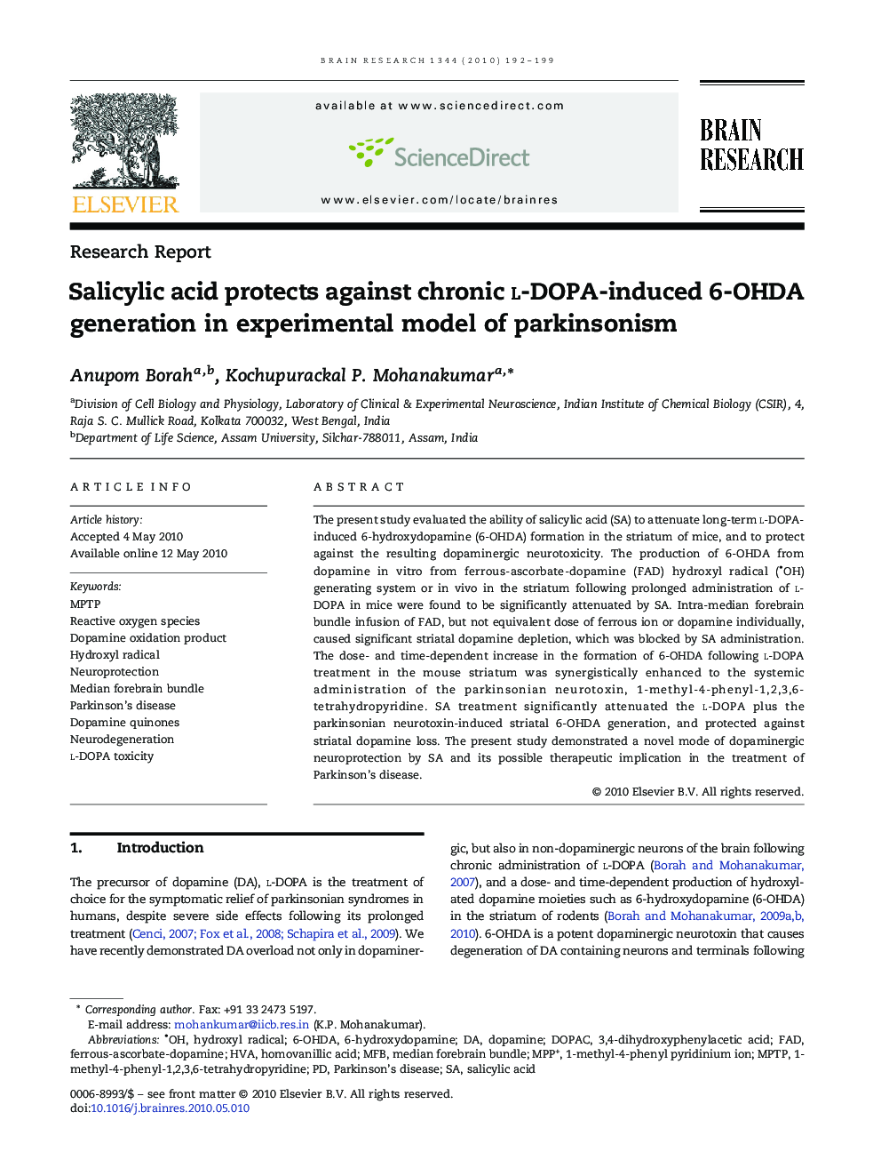 Salicylic acid protects against chronic l-DOPA-induced 6-OHDA generation in experimental model of parkinsonism