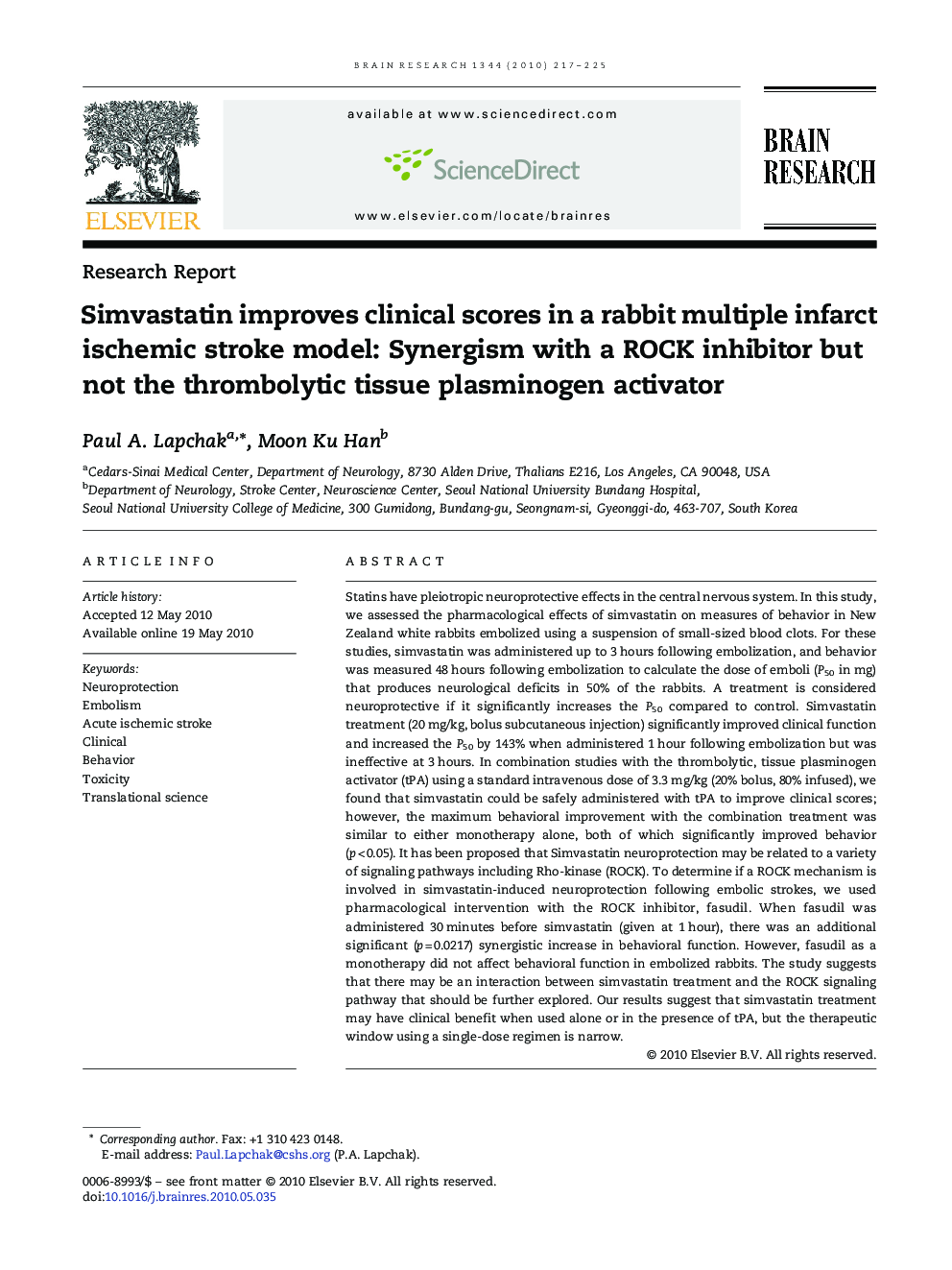 Simvastatin improves clinical scores in a rabbit multiple infarct ischemic stroke model: Synergism with a ROCK inhibitor but not the thrombolytic tissue plasminogen activator