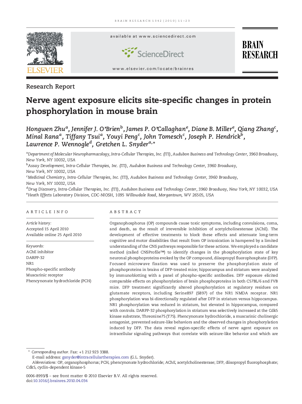 Nerve agent exposure elicits site-specific changes in protein phosphorylation in mouse brain