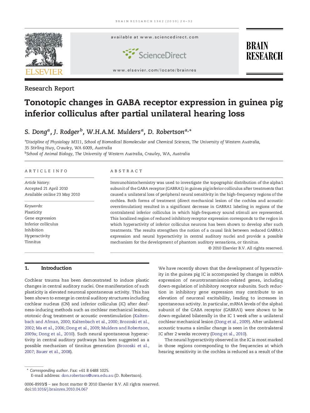 Tonotopic changes in GABA receptor expression in guinea pig inferior colliculus after partial unilateral hearing loss