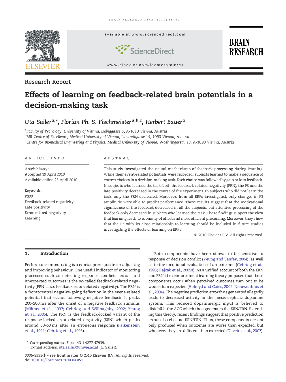 Effects of learning on feedback-related brain potentials in a decision-making task