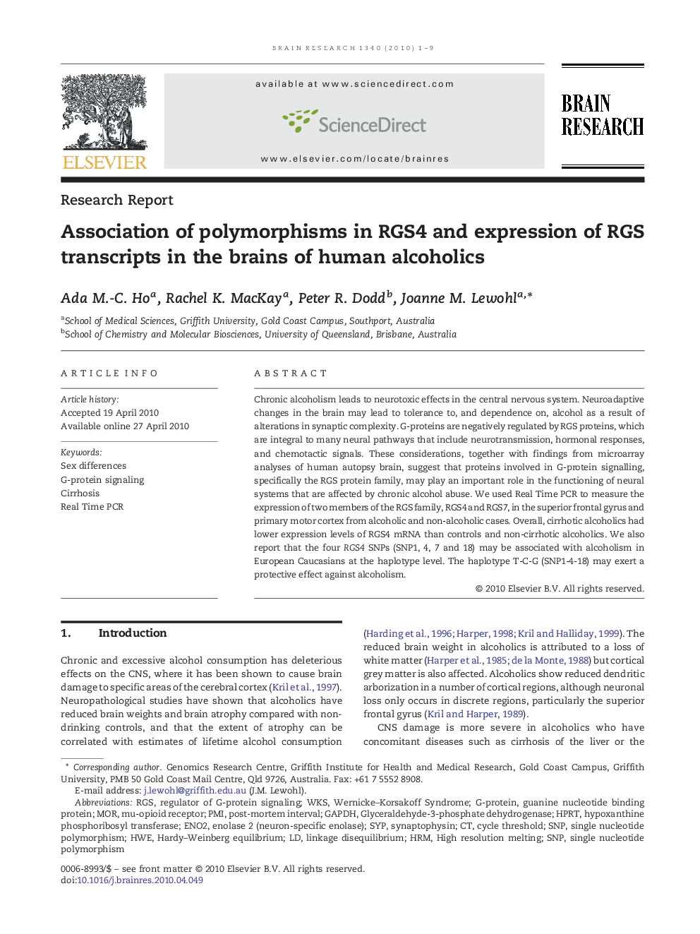 Association of polymorphisms in RGS4 and expression of RGS transcripts in the brains of human alcoholics