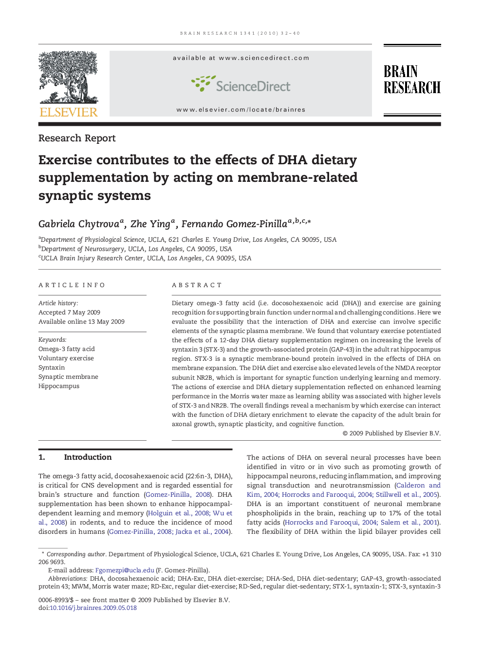 Exercise contributes to the effects of DHA dietary supplementation by acting on membrane-related synaptic systems