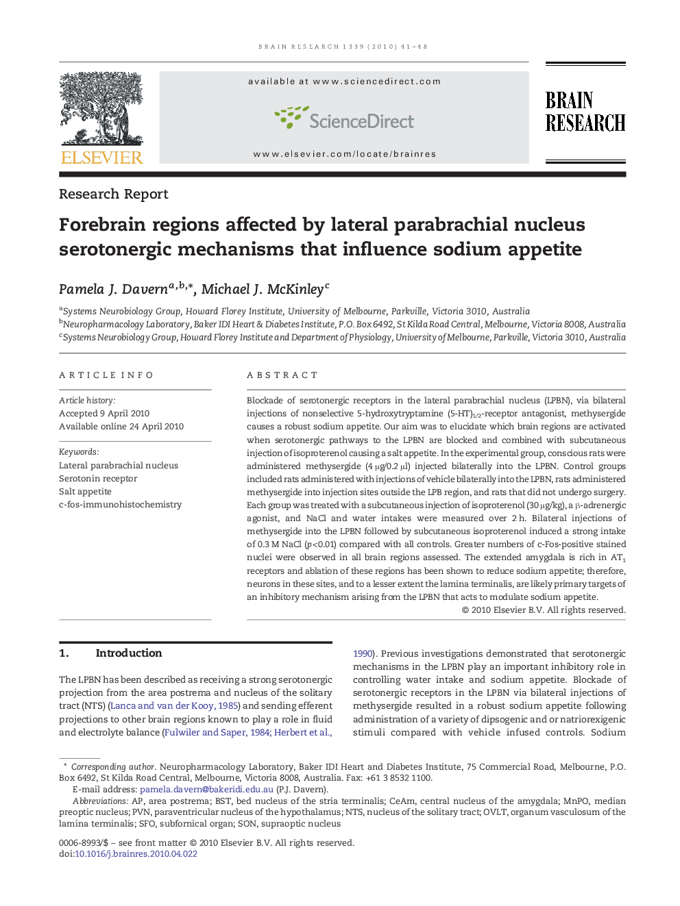 Forebrain regions affected by lateral parabrachial nucleus serotonergic mechanisms that influence sodium appetite