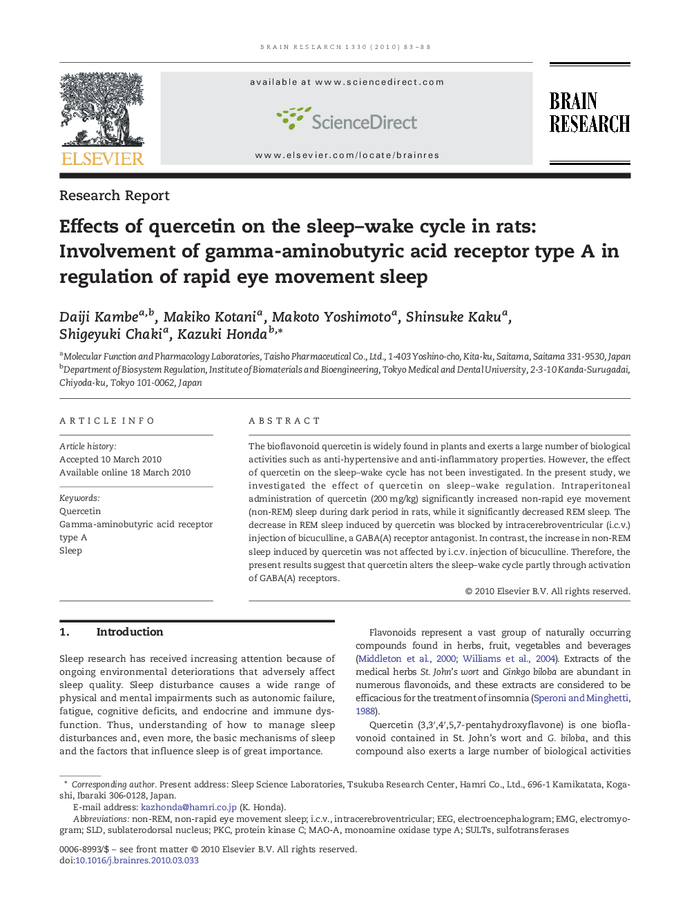 Effects of quercetin on the sleep–wake cycle in rats: Involvement of gamma-aminobutyric acid receptor type A in regulation of rapid eye movement sleep