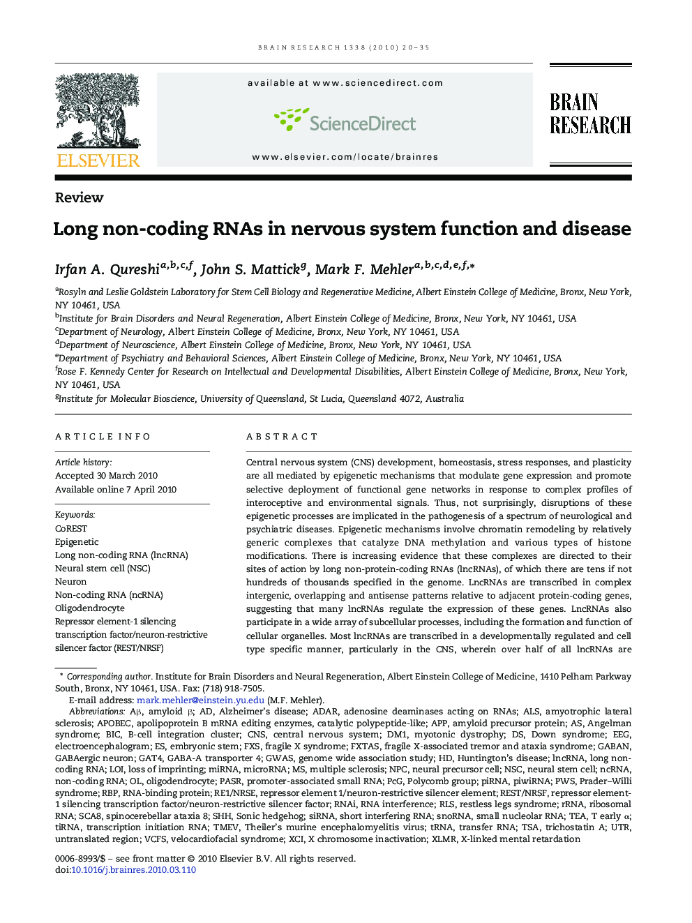 Long non-coding RNAs in nervous system function and disease